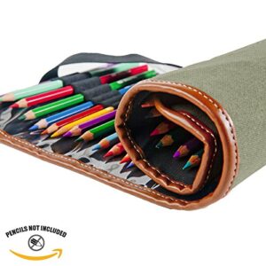 Speedball Canvas Roll Up Pencil Case, Olive W/Brown Trim, Holds Up To 36 Pencils