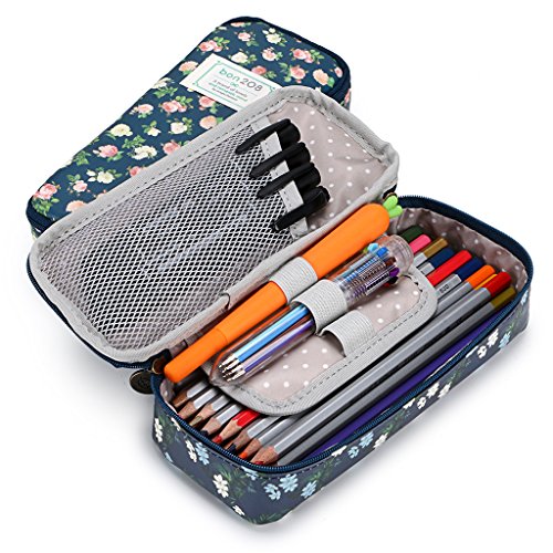 BTSKY Cute Pencil Case -- High Capacity Floral Pencil Pouch Stationery Organizer Multifunction Cosmetic Makeup Bag, Perfect Holder for Pencils and Pens Cyan