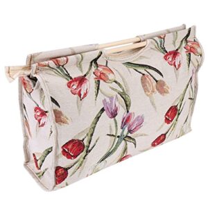 knitting tote bag,exquisite practical wood handle woven fabric storage bag for knitting needles sewing tools(red flower)