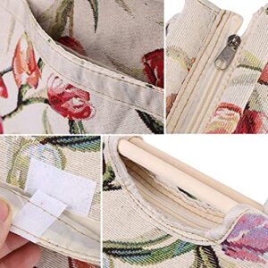 Knitting Tote Bag,Exquisite Practical Wood Handle Woven Fabric Storage Bag for Knitting Needles Sewing Tools(Red Flower)