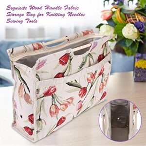 Knitting Tote Bag,Exquisite Practical Wood Handle Woven Fabric Storage Bag for Knitting Needles Sewing Tools(Red Flower)