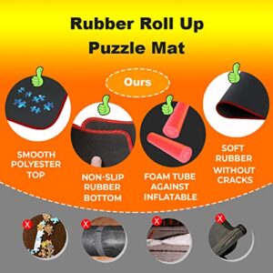 Rubber Jigsaw Puzzle Mat Roll Up Saver Pad Storage Up to 1500 Pieces 46" x 26" Portable Non-Slip Smooth Polyester Top Rubber Bottom Foam Rolling Tube with Storage Bag, 3 Hook & Loop Fastener Straps