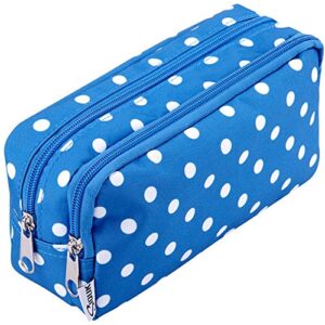 siquk pencil case large capacity pen case double zippers pen bag office stationery bag cosmetic bag with compartments for gilrs boys and adults, blue with white dot
