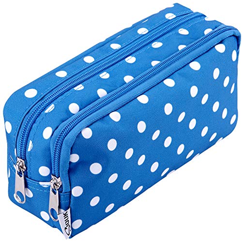 SIQUK Pencil Case Large Capacity Pen Case Double Zippers Pen Bag Office Stationery Bag Cosmetic Bag with Compartments for Gilrs Boys and Adults, Blue with White Dot