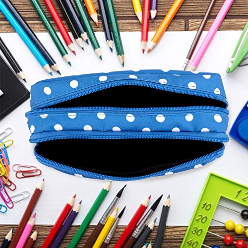 SIQUK Pencil Case Large Capacity Pen Case Double Zippers Pen Bag Office Stationery Bag Cosmetic Bag with Compartments for Gilrs Boys and Adults, Blue with White Dot