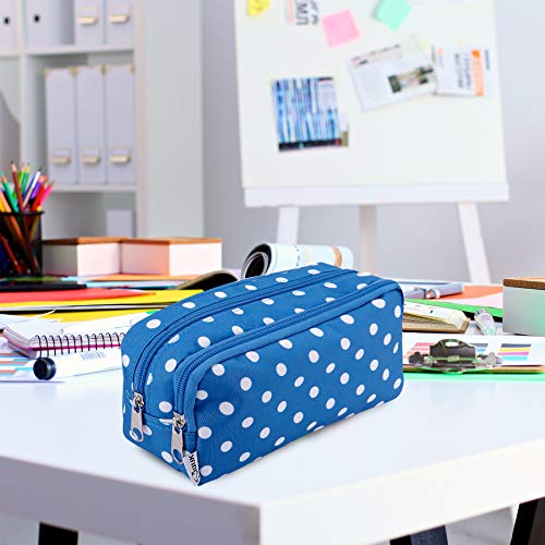 SIQUK Pencil Case Large Capacity Pen Case Double Zippers Pen Bag Office Stationery Bag Cosmetic Bag with Compartments for Gilrs Boys and Adults, Blue with White Dot