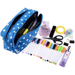 SIQUK Pencil Case Large Capacity Pen Case Double Zippers Pen Bag Office Stationery Bag Cosmetic Bag with Compartments for Gilrs Boys and Adults, Blue with White Dot