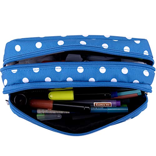 SIQUK Pencil Case Large Capacity Pen Case Double Zippers Pen Bag Office Stationery Bag Cosmetic Bag with Compartments for Gilrs Boys and Adults, Blue with White Dot