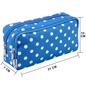 SIQUK Pencil Case Large Capacity Pen Case Double Zippers Pen Bag Office Stationery Bag Cosmetic Bag with Compartments for Gilrs Boys and Adults, Blue with White Dot