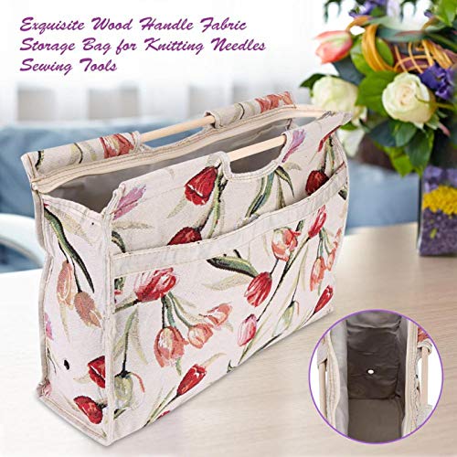 Zerodis Woven Storage Bag with Handle Fabric Exquisite Practical Wood for Knitting Needles Sewing Tools(Red Flower)