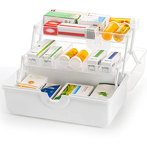 Bekith 3-Layers Multipurpose Plastic Storage Box Organizer Folding Tool Box, Portable Handled Storage Container, Art & Crafts Case, Sewing Supplies Organizer, Medicine Box, Clear/White