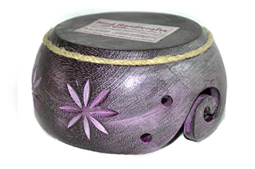 Hind Handicrafts Premium Solid Dark Handmade Crafted Wooden Portable Antique Yarn Storage Bowl - Holder for Knitting Crochet Hook Accessories (6" x 6" x 3", Purple)