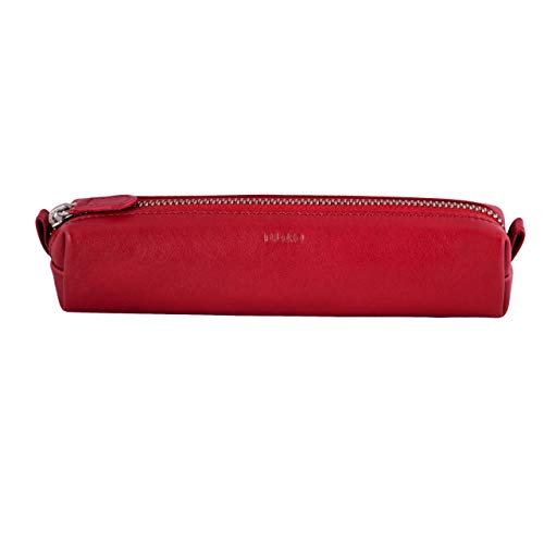 DiLoro Leather Zippered Fountain Ballpoint Rollerball Pens and Pencils Case Holder Pouch Genuine Full Grain Soft Nappa Leather (Red)