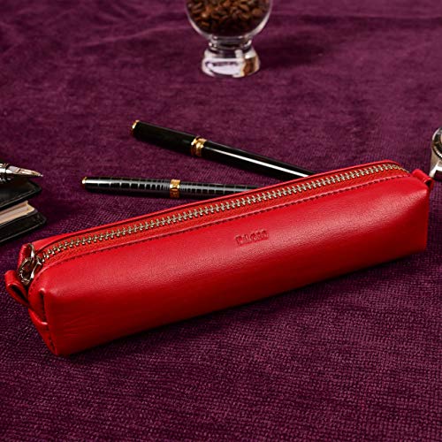 DiLoro Leather Zippered Fountain Ballpoint Rollerball Pens and Pencils Case Holder Pouch Genuine Full Grain Soft Nappa Leather (Red)