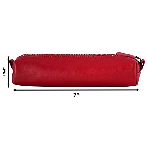 DiLoro Leather Zippered Fountain Ballpoint Rollerball Pens and Pencils Case Holder Pouch Genuine Full Grain Soft Nappa Leather (Red)