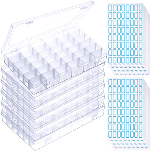 6 Pack 36 Grids Clear Plastic Organizer Box Storage Container with Adjustable Dividers for Beads Jewelry Art DIY Crafts Jewelry Fishing Tackles with Compartment 50 Label Stickers