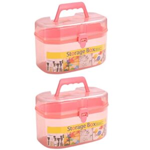soziyu 2pcs art and craft storage box with removable tray, multipurpose plastic organizer and storage container case with handle (9 inches, pink)