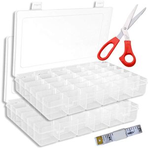 2pack 36 grids clear plastic organizer box storage container jewelry box with adjustable dividers for beads art crafts jewelry fishing tackles with 8 inch multipurpose scissors, soft ruler