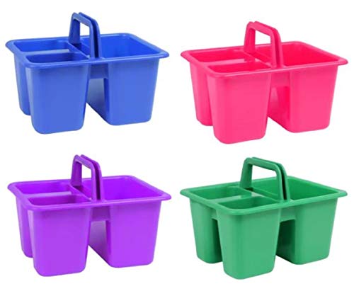 Kids Arts & Crafts Small Plastic Caddies with Handles, 3 Compartments, Assorted Colors 4-ct Set