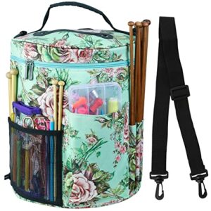 large capacity/portable/lightweight yarn storage knitting tote organizer bag with shoulder strap handles looen w/pockets for crochet hooks & knitting needles … (peony flower)