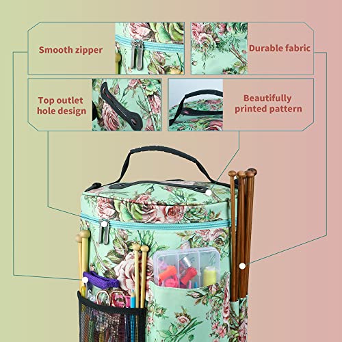 Large Capacity/Portable/Lightweight Yarn Storage Knitting Tote Organizer Bag with Shoulder Strap Handles Looen W/Pockets for Crochet Hooks & Knitting Needles … (Peony Flower)