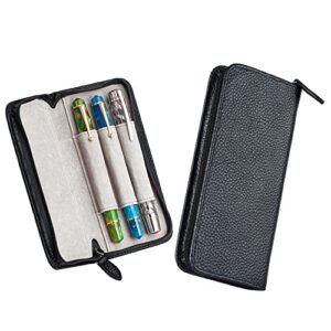lanxivi genuine leather fountain pen case 3 divided slots black color, zippered pen case pouch, handmade display holder for rollerball pen