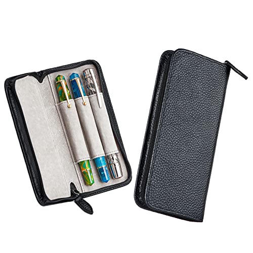 Lanxivi Genuine Leather Fountain Pen Case 3 Divided Slots Black Color, Zippered Pen Case Pouch, Handmade Display Holder for Rollerball Pen