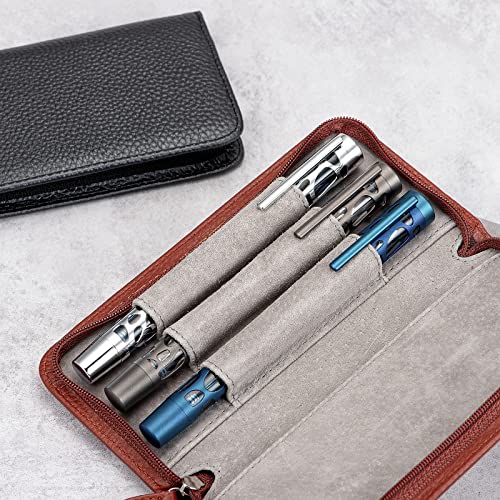 Lanxivi Genuine Leather Fountain Pen Case 3 Divided Slots Black Color, Zippered Pen Case Pouch, Handmade Display Holder for Rollerball Pen