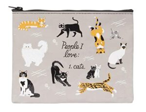 blue q zipper pouch, people i love: cats. great for organizing larger bags. features a chunky sturdy zipper, easy-to-wipe-clean, made from 95% recycled material, 7.25″h x 9.5″w