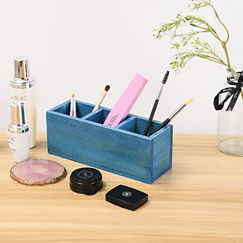 dedoot Wood Remote Holder Desk Organizers, Blue Wooden Pencil Holder Wooden Drawer Organizer 3 Section, Rustic Remote Control Holder for School, Home and Office Supplies, 9x3x3.4 Inches