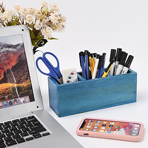 dedoot Wood Remote Holder Desk Organizers, Blue Wooden Pencil Holder Wooden Drawer Organizer 3 Section, Rustic Remote Control Holder for School, Home and Office Supplies, 9x3x3.4 Inches