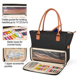 YARWO Knitting Tote Bag with Pockets for WIP Projects, Yarn Storage Organizer Bag for 14” Knitting Needles, Skeins of Yarn and Crochet Hooks, Black