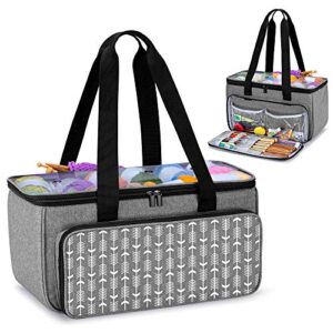 yarwo knitting yarn bag, crochet tote with pocket for wip projects, knitting needles(up to 14”) and skeins of yarn, gray with arrow (bag only)