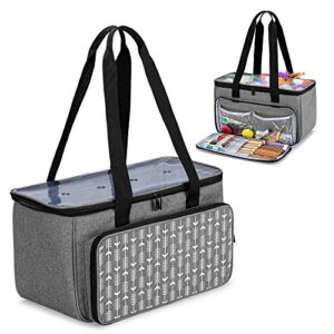 YARWO Knitting Yarn Bag, Crochet Tote with Pocket for WIP Projects, Knitting Needles(Up to 14”) and Skeins of Yarn, Gray with Arrow (Bag Only)