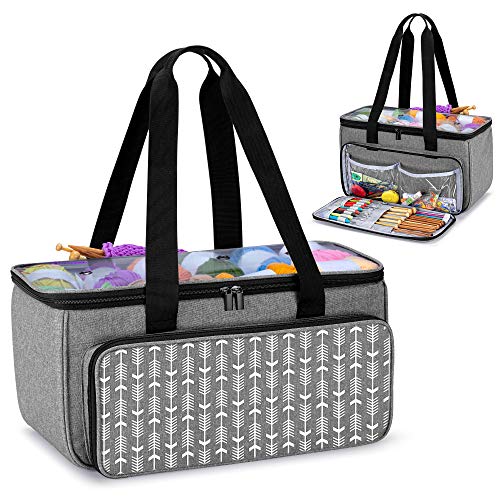 YARWO Knitting Yarn Bag, Crochet Tote with Pocket for WIP Projects, Knitting Needles(Up to 14”) and Skeins of Yarn, Gray with Arrow (Bag Only)