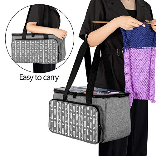 YARWO Knitting Yarn Bag, Crochet Tote with Pocket for WIP Projects, Knitting Needles(Up to 14”) and Skeins of Yarn, Gray with Arrow (Bag Only)