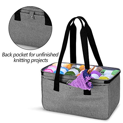 YARWO Knitting Yarn Bag, Crochet Tote with Pocket for WIP Projects, Knitting Needles(Up to 14”) and Skeins of Yarn, Gray with Arrow (Bag Only)