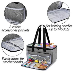 YARWO Knitting Yarn Bag, Crochet Tote with Pocket for WIP Projects, Knitting Needles(Up to 14”) and Skeins of Yarn, Gray with Arrow (Bag Only)