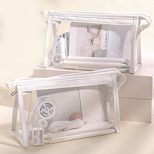 GINCEVHY White Transparent Big Capacity Pencil Case with Zipper, Buckle Design Pen Bag Pencil Pouch for Teen Girls, Waterproof PVC Makeup Cosmetic Bag for Women