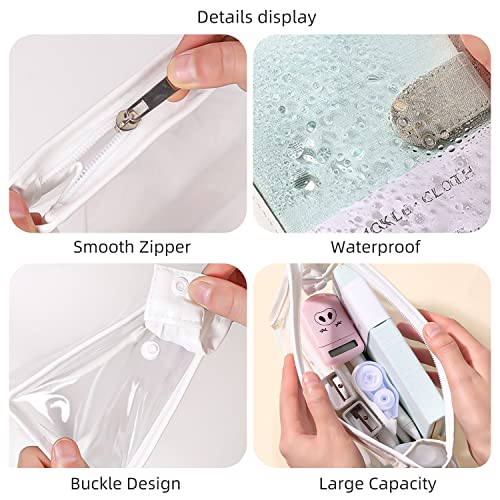 GINCEVHY White Transparent Big Capacity Pencil Case with Zipper, Buckle Design Pen Bag Pencil Pouch for Teen Girls, Waterproof PVC Makeup Cosmetic Bag for Women