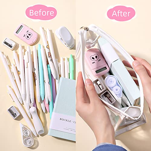 GINCEVHY White Transparent Big Capacity Pencil Case with Zipper, Buckle Design Pen Bag Pencil Pouch for Teen Girls, Waterproof PVC Makeup Cosmetic Bag for Women