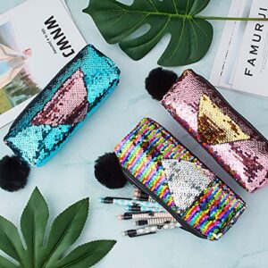 3 Pieces Sequin Cosmetic Bag Mermaid Spiral Reversible Sequin Student Pencil Case for Girls Double Color Zipper Make Up Bag (Classic Pattern)