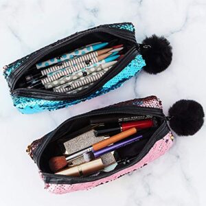 3 Pieces Sequin Cosmetic Bag Mermaid Spiral Reversible Sequin Student Pencil Case for Girls Double Color Zipper Make Up Bag (Classic Pattern)