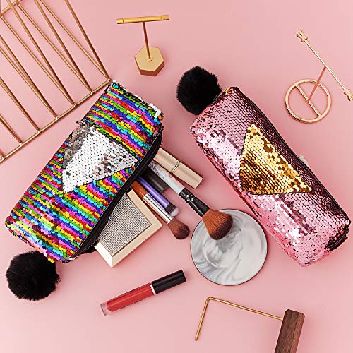 3 Pieces Sequin Cosmetic Bag Mermaid Spiral Reversible Sequin Student Pencil Case for Girls Double Color Zipper Make Up Bag (Classic Pattern)