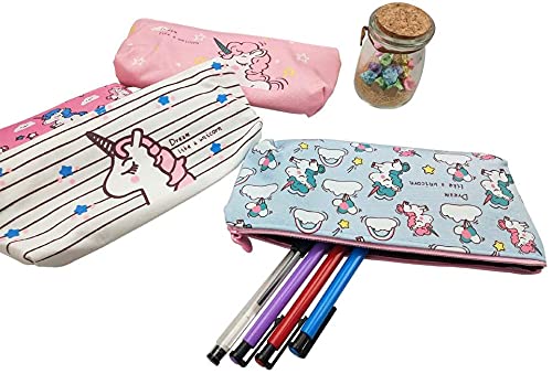 MOMOONNON 4PCS Cute Unicorn Cartoon Zipper Pencil Case Pouch Pen Holder Makeup Bag Organizer Canvas Stationery Storage Bag for Kids Girls