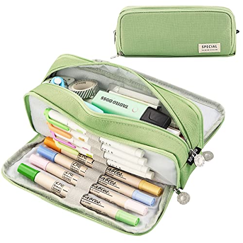 EHOPE Large Capacity Pencil Case 3 Compartments Pencil Pouch Portable Large Storage Canvas Pencil Bag for School Student Teen Girl Boy (Green)