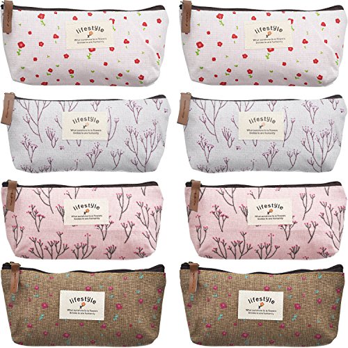 TecUnite 8 Pieces Pen Case Pencil Bag Canvas Pencil Pen Case Pen Holder Cosmetic Makeup Bag Set Christmas Present Bag (Floral Style)