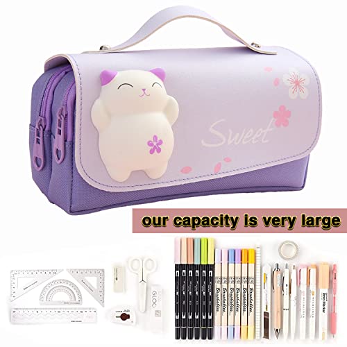 YBDXVX Pencil Case for Girls, Kawaii Pencil Case for Kids, Cute Pencil Pouch with Large Capacity and 3 Compartment, Cartoon 3D Extrusion Cat Toy Decoration, Purple