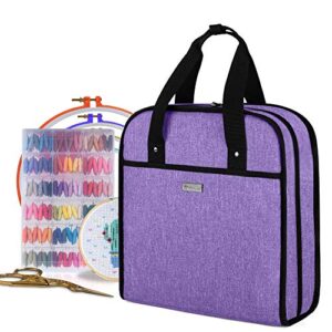yarwo embroidery bag, embroidery projects storage with multiple pockets for embroidery hoops (up to 12″), embroidery floss and supplies, purple (bag only, patented design)