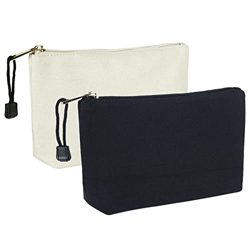 besharppin Canvas Cosmetic Bags, 2pcs DIY Blank Makeup Pouches with Zipper for Home Office Purse Diaper Bag (Black, Beige)